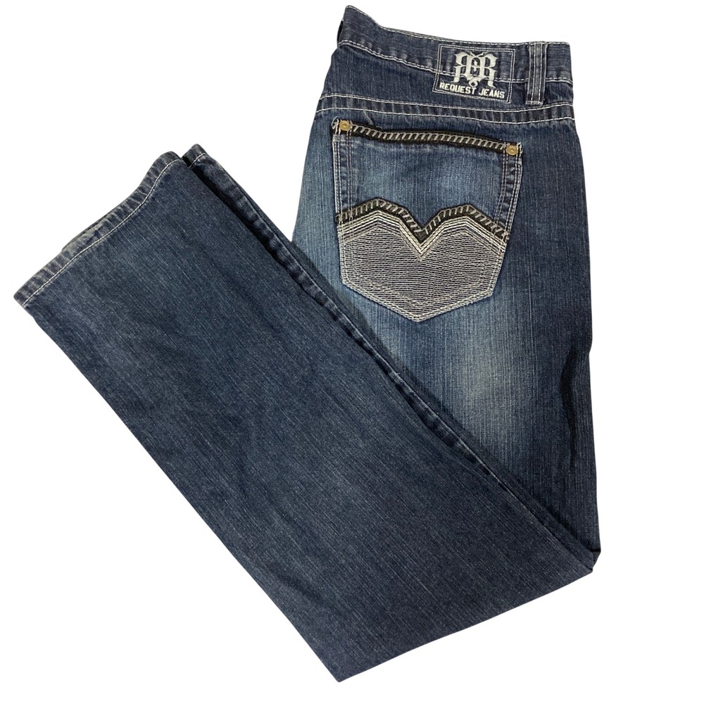 Request Jeans Premium Mens 34x32 Dark Wash Straight Leg‎ Embroidered Denim